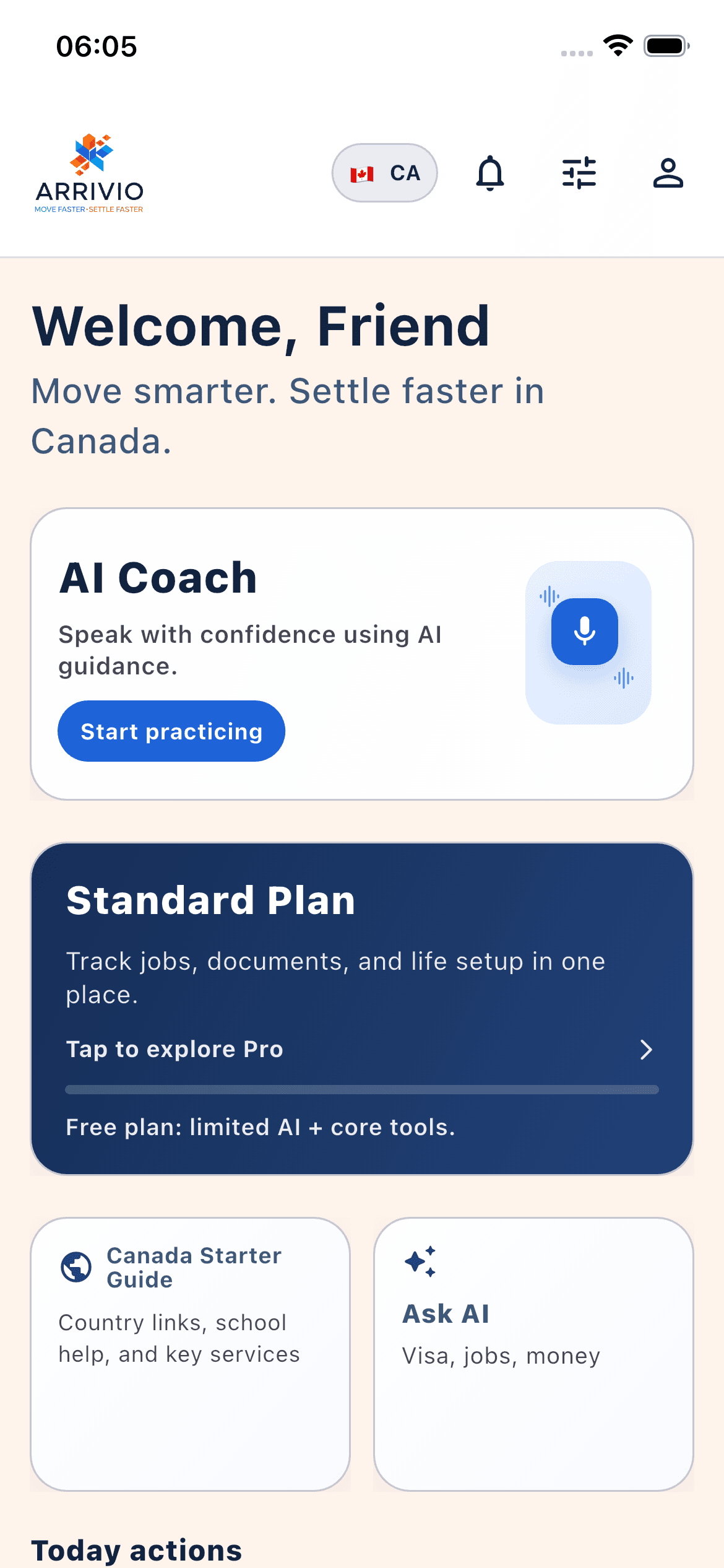 ARRIVIO app dashboard screenshot