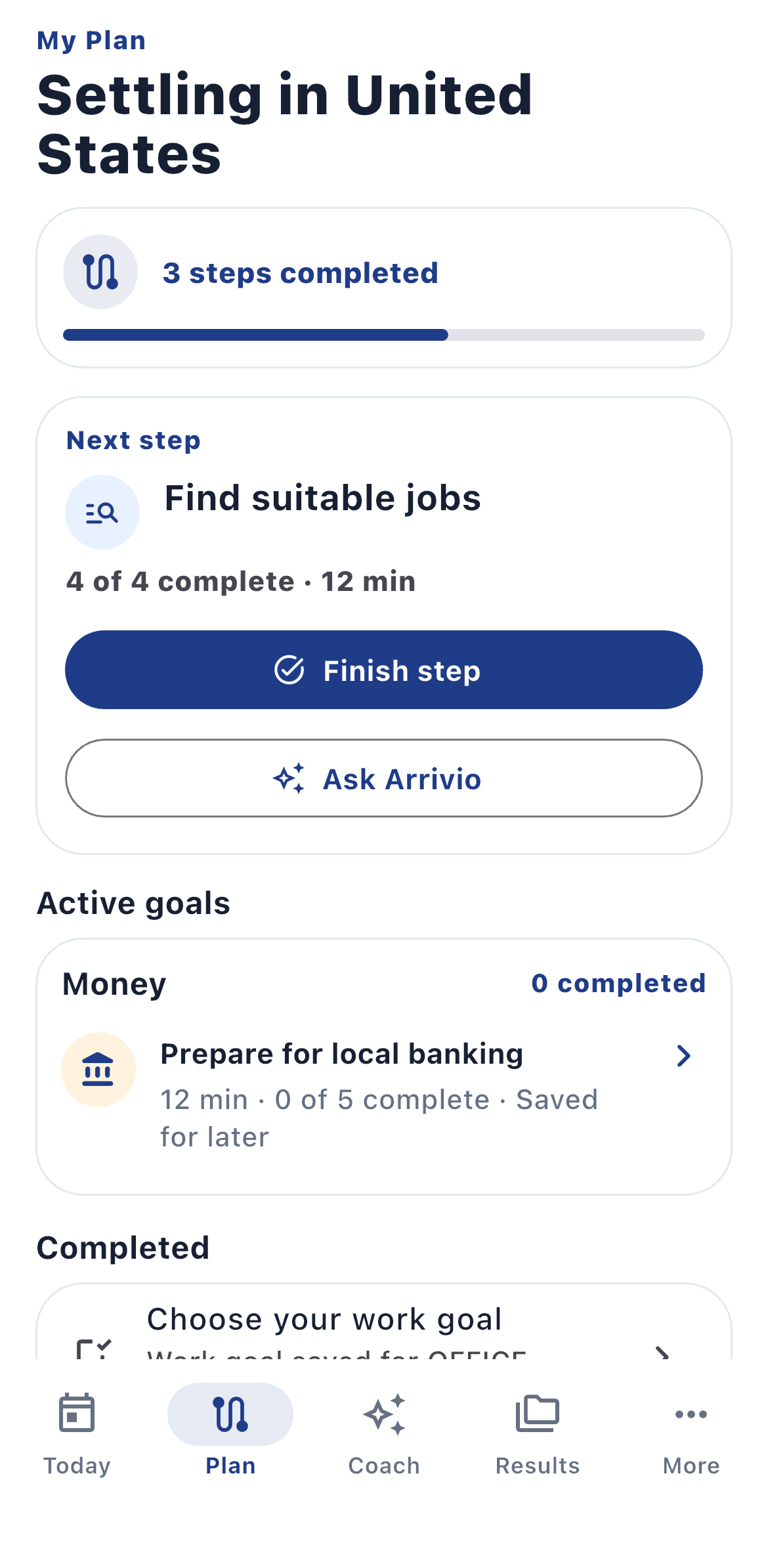 ARRIVIO V2 Daily Plan showing completed steps, the next job-search action, and active goals